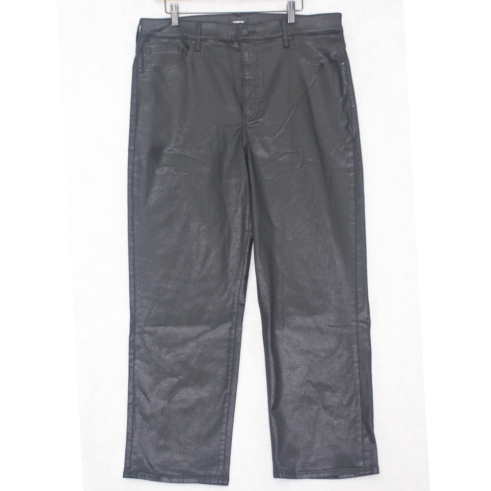 Express Modern Straight Jeans 14S Black Coated Super High Rise Shined Short